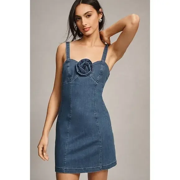NWT Anthropologie Porridge Rosette Denim Slim Mini Dress $158 XXS Blue Stretchy - Picture 3 of 5